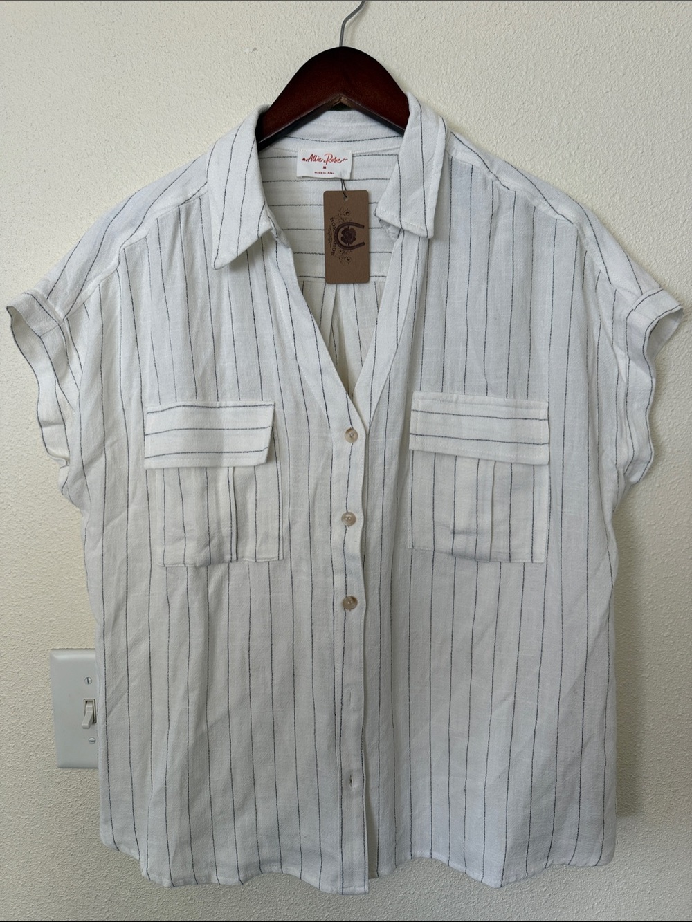 Mae-Pearl White Short-Sleeve Pinstripe Button Down Shirt